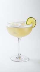 A cold glass of alcoholic vodka martini cocktail with fresh lemon and lime fruit juice served on ice as a refreshing yellow and green beverage for a party