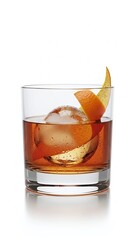 A cold glass of whiskey on the rocks with crystal clear ice cubes and amber liquid isolated on a white background for a bar party beverage