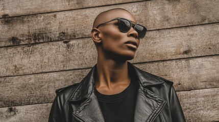Obraz premium Bold Urban Style: A Modern Lifestyle Portrait of a Person in a Leather Jacket and Sunglasses Against a Rustic Wooden Wall. Edgy Fashion Aesthetic