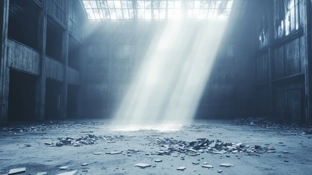 Sunlight beams stream through a window illuminating the debris scattered across the floor of an empty abandoned room