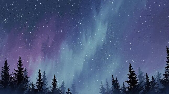 Spectacular Aurora Borealis Display Over Forest Night Sky.