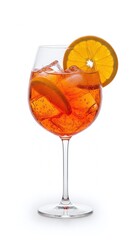 A fresh glass of orange juice sits isolated as a sweet fruit refreshment, offering a cold liquid beverage alternative to a red wine cocktail or a martini drink at a bar party