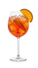 A chilled glass of fresh orange juice sits beside a red wineglass filled with alcoholic liquid and sweet fruit garnishes, creating a cold beverage display isolated on a white background for a party