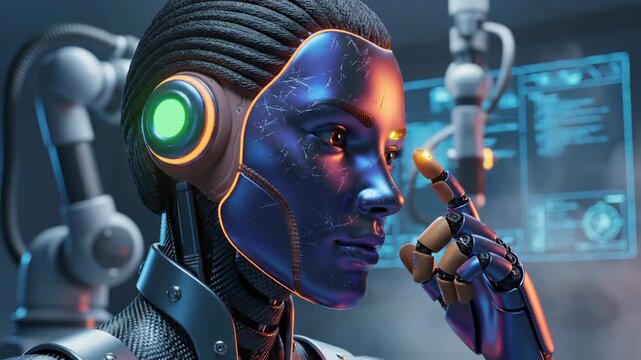 Female android thinks with artificial intelligence touching face. Robot woman processes data in futuristic lab. Android with AI analyzes information. Cyborg thinks using artificial intelligence.