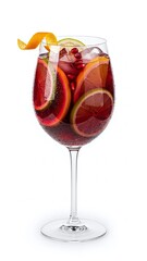 A fresh glass of red wine and a wineglass of sweet alcohol beverage are served with sliced apple, red strawberry, and cherry fruit as a cold liquid dessert isolated on a white background