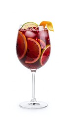A chilled glass of red wine and a refreshing wineglass of red wine with ice are served as a sweet alcohol beverage celebration featuring fresh grapes, strawberry, and a splash of fruit juice