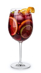 A cold glass of red wine cocktail with a splash of liquid and ice isolated for a bar celebration party featuring sweet cherry and fruit liquor