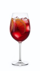 A luxurious crystal wineglass filled with ruby red liquid sits isolated on a white background, perfect for a celebration involving a fine merlot or cabernet beverage from a premium winery