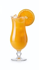Fresh healthy beverage of juicy orange fruit liquid in a clear glass isolated on a white background for a cold breakfast drink full of citrus vitamin refreshment