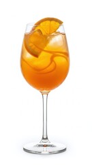 A fresh glass of brandy, whiskey, and orange juice served cold with ice and a citrus lemon slice makes for a refreshing alcoholic beverage or party cocktail isolated on a white background