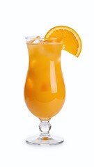 Fresh glass of orange juice with ice and ripe citrus fruit isolated on white background provides a healthy cold beverage for breakfast