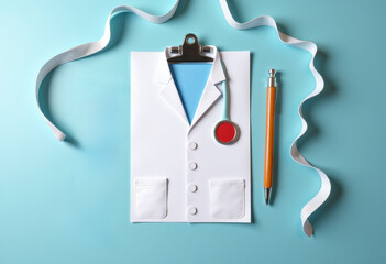 Flat lay of greeting card for doctor with medical badge and pen