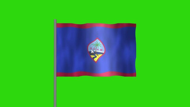 Flag of Guam, Pole flag of Guam on Green screen chroma key, Guam  flag waving in the wind isolated on Green Background. 
