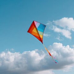 Colorful kite flying in clear blue sky with fluffy clouds