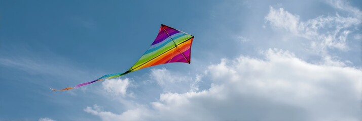 Colorful rainbow kite soaring in clear blue sky with fluffy clouds