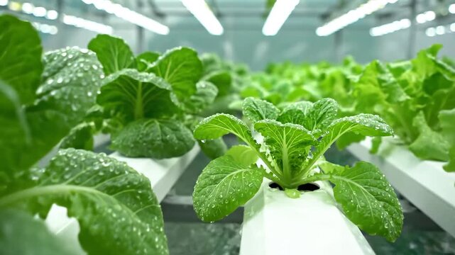 Hydroponic farming of fresh green lettuce in a controlled indoor environment with artificial lighting.