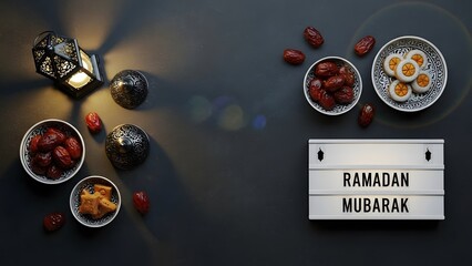 Ramadan Mubarak flat lay with dates, sweets, and a lightbox on a dark background.