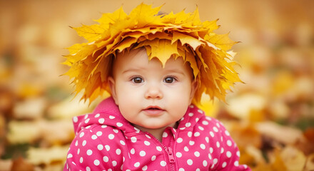 Infant wearing pink polka-dot outfit and yellow leaf crown amidst autumn leaves, representing childhood innocence and the beauty of fall