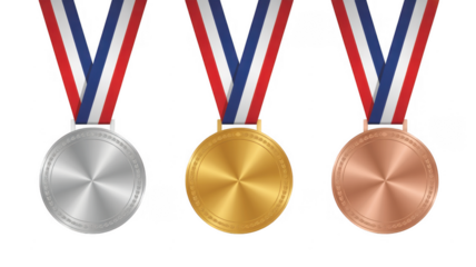 Gold, silver, and bronze medals with ribbons gold medal isolated on a transparent background