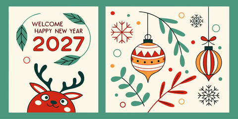 Welcome happy new year 2027 celebration greeting card design with cute reindeer face and hanging christmas tree ornaments greeting reindeer ornaments celebration christmas seasonal © Designer Pac 2