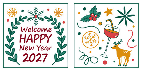 Welcome happy new year 2027 festive card layout with reindeer cocktail and holly leaf wreath celebration reindeer cocktail greeting illustration seasonal graphics template abstract © Designer Pac 2