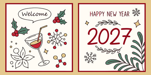 Welcome happy new year 2027 celebration greeting card design with cocktail drink and holly berry elements greeting cocktail celebration illustration seasonal graphics template © Designer Pac 2