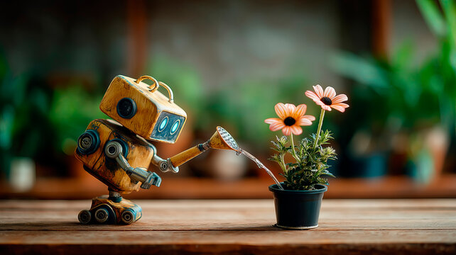 a robot in an apartment waters a flower from a watering can