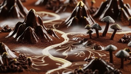 Whimsical chocolate landscape with creamy swirls and mushroom accents