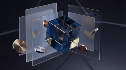 Abstract glass cube surrounded by flowing metallic rings, futuristic system design, digital architecture, innovation, and modern technology concept