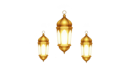 Three golden lanterns illuminating isolated on transparent background, isolated on white background, illustration