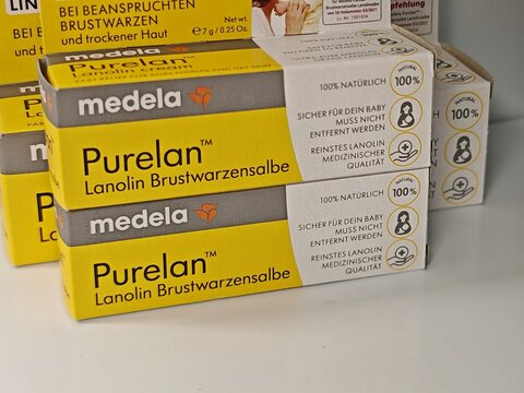 Prague,Czech Republic-14.01.2026: Medela Purelan nipple cream by Medela containing medical grade lanolin is used to soothe and protect sore nipples during breastfeeding and support skin barrier healin