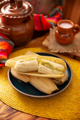 Tamales. Traditional dish typical of Mexico and some Latin American countries. Corn dough wrapped in corn leaves. The tamales are steamed.