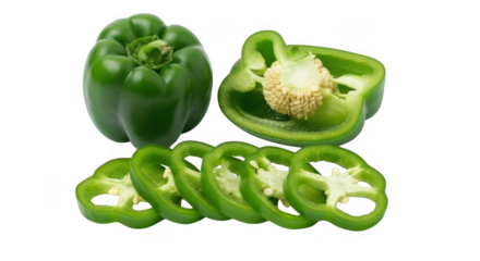 Sliced green bell pepper display isolated on white background