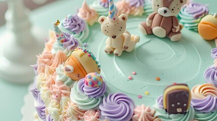 Obraz premium Colorful birthday cake with unicorn and animal cake toppers