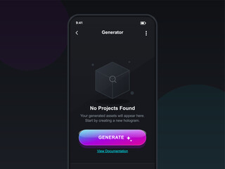 Naklejka premium A smartphone screen displays a hologram generator app showing a message that no projects are found. The interface is in a dark theme with simple graphic elements.