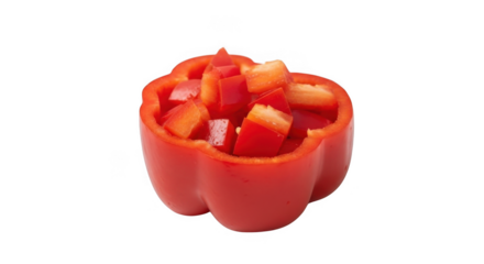 Red bell pepper filled with diced vegetables isolated on white background