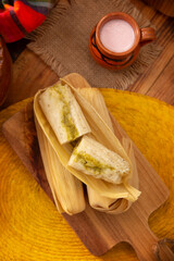 Tamales. Traditional dish typical of Mexico and some Latin American countries. Corn dough wrapped in corn leaves. The tamales are steamed.