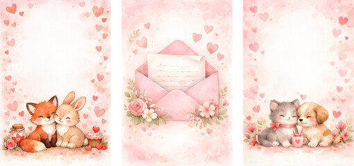 Obraz premium Watercolor romantic set with love letter envelope, cute woodland animals and soft pastel heart backgrounds, hand painted illustration collection for valentine greeting cards, kids decor and sweet love