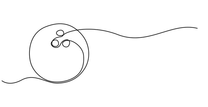 Animation of one single line drawing of bowling ball hit bowling pins to falling apart at alley lane. Leisure activity and game sport concept. Continuous line self draw animated. Full length motion.