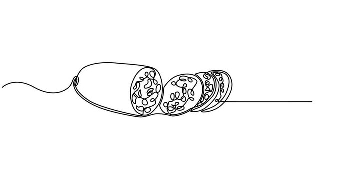 Salami one line continuous. Salami line art. Hand drawn vector art, Boiled sausage continuous line drawing. One line art of meat products, sausage with fat, semi-finished product. animation
