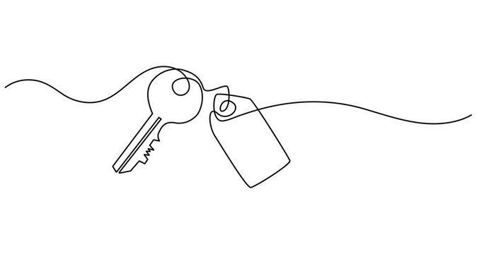 Self animated continuous one line drawing of key icon. Full length one line 4k animation video, Self animated minimalist single line-art drawing of a set of keys on a keyring, One line key. Security.