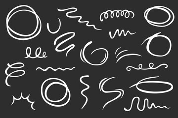 Hand drawn set of doodles. Vector collection of simple elements on black background.