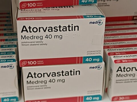 Prague,Czech Republic-14.01.2026: Atorvastatin 40 mg by Medreg containing atorvastatin is used to lower cholesterol and reduce cardiovascular risk in hyperlipidemia and prevention of heart disease