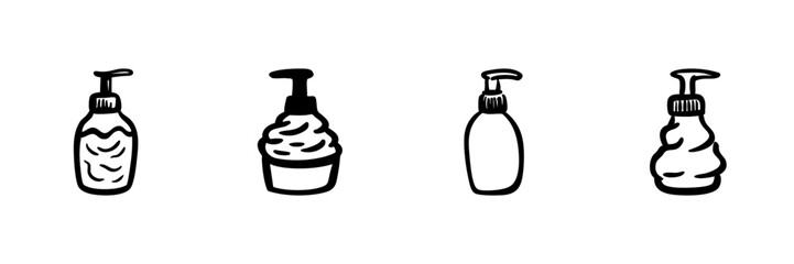 Hand Soap Dispensers In Hand Drawn Style Set. Personal Hygiene, Skincare, Liquid Soap Doodle Sketch Collection. Bathroom Essentials, Cleanliness Promotion. Isolated Vector Illustration