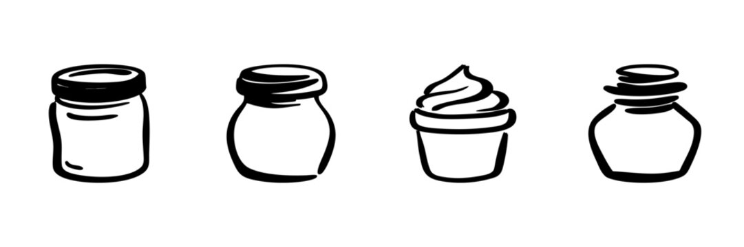 Jars And Containers In Hand Drawn Style Set. Kitchen Storage, Food Preservation, Culinary Essentials Doodle Sketch Collection. Isolated Vector Illustration