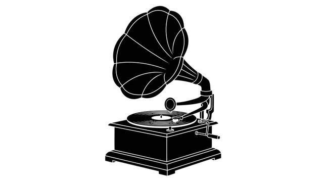 Vintage gramophone playing a record, vector silhouette illustration isolated on white background