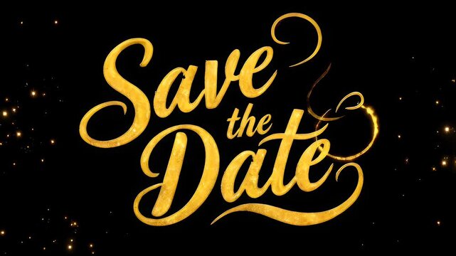 Golden Save the Date card with elegant swirls and sparks on black background