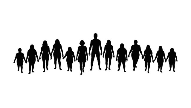 Diverse people silhouettes holding hands, body types, community