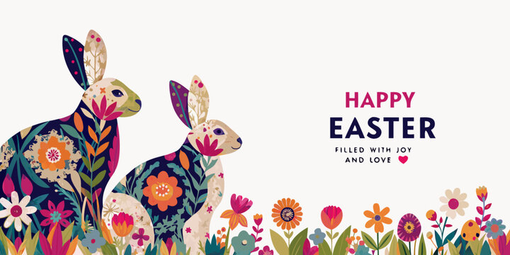 easter bunny illustration with colorful flowers and joyful easter message