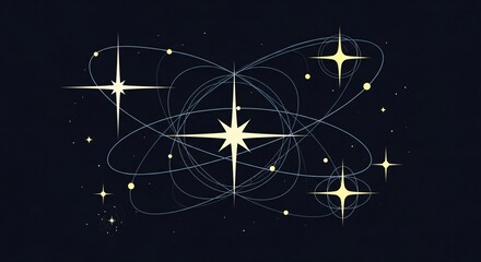 Fototapeta premium Abstract illustration of celestial stars with orbiting lines against a dark backdrop